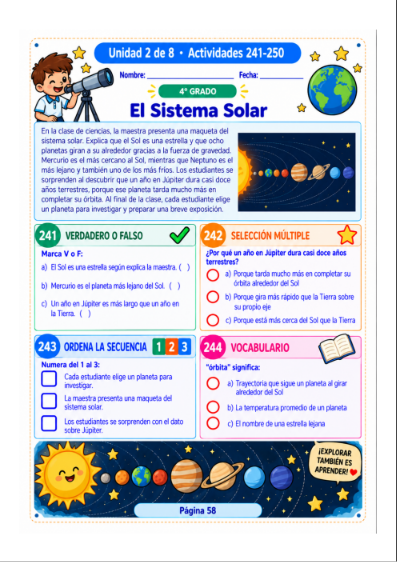Actividad de comprensión lectora de 5º grado