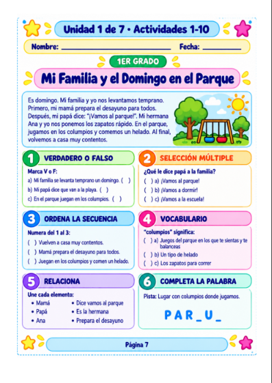 Actividad de comprensión lectora de 1er grado
