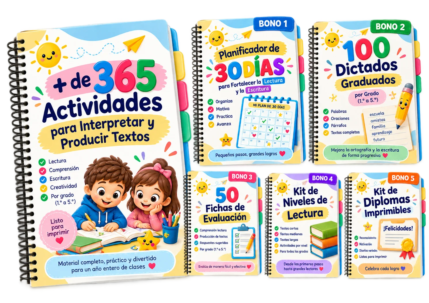 Conjunto completo: cuaderno principal de actividades junto a los 5 bonos