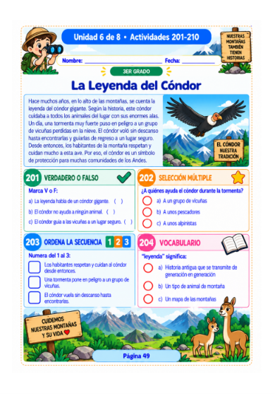 Actividad de comprensión lectora de 3er grado